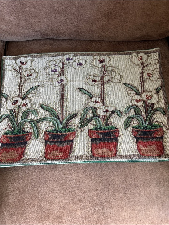 Other - Four Orchid Potted Plant Tapestry Accent Rug - Cream & Red